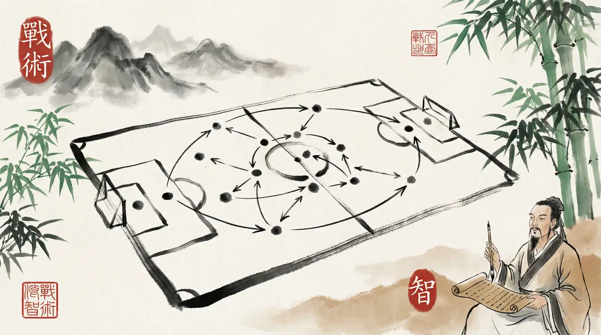 水墨风格的足球战术分析图，球场上的墨点与线条展示战术走位